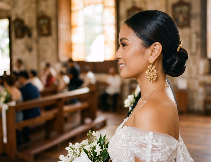 Filipino bride in white off-shoulder gown wearing gold filigree creolla drop earrings photographed from the side inside a Filipino church with capiz shell window light, editorial wedding photography