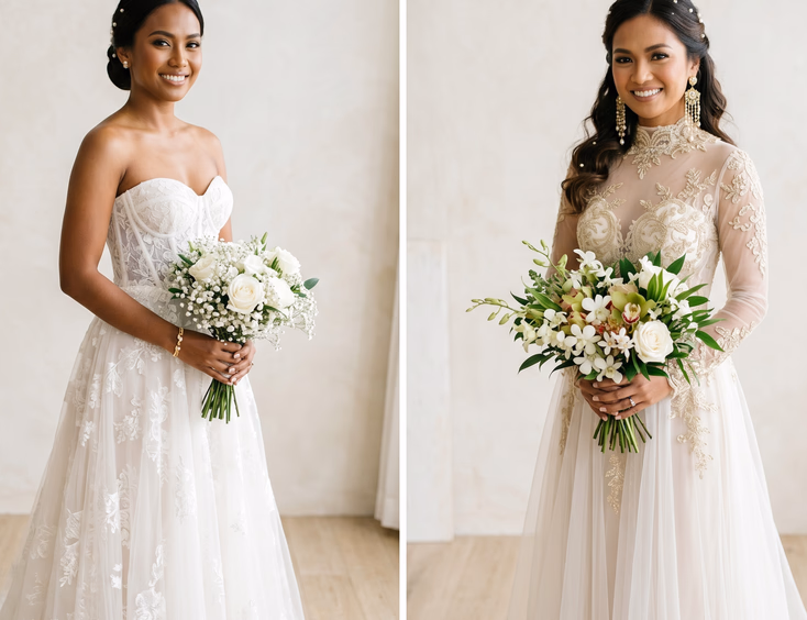 Split composition of two Filipino brides in contrasting gowns, pearl studs versus gold chandelier earrings, soft studio lighting, editorial bridal fashion photography
