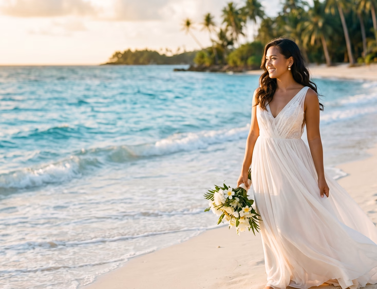 Filipino bride in flowing wedding dress wearing South Sea pearl stud earrings standing barefoot on white sand beach with turquoise ocean and coconut palms, golden hour light, editorial destination wedding photography