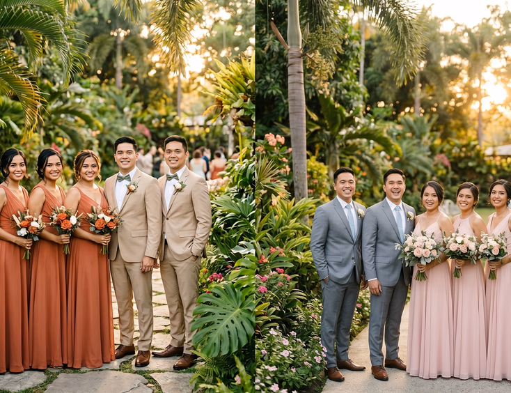 Split composition of earthy and pastel Filipino wedding entourage groups, terracotta dresses and tan suits on the left, blush pink dresses and gray suits on the right, tropical garden setting, golden hour sunlight