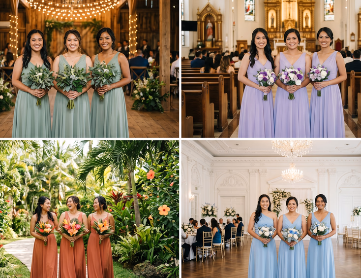 Four-panel grid of Filipino bridesmaids in sage, lavender, terracotta, and powder blue dresses across four Philippine venue types including a rustic wooden hall, Catholic church, garden path, and hotel ballroom