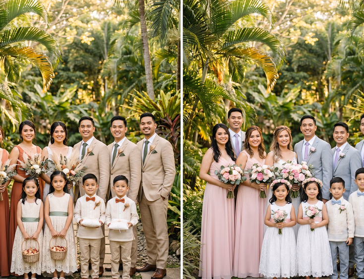 Side-by-side comparison of earthy and pastel Filipino wedding entourage groups in a tropical outdoor setting, dried florals on the left, fresh roses and peonies on the right, golden afternoon sunlight
