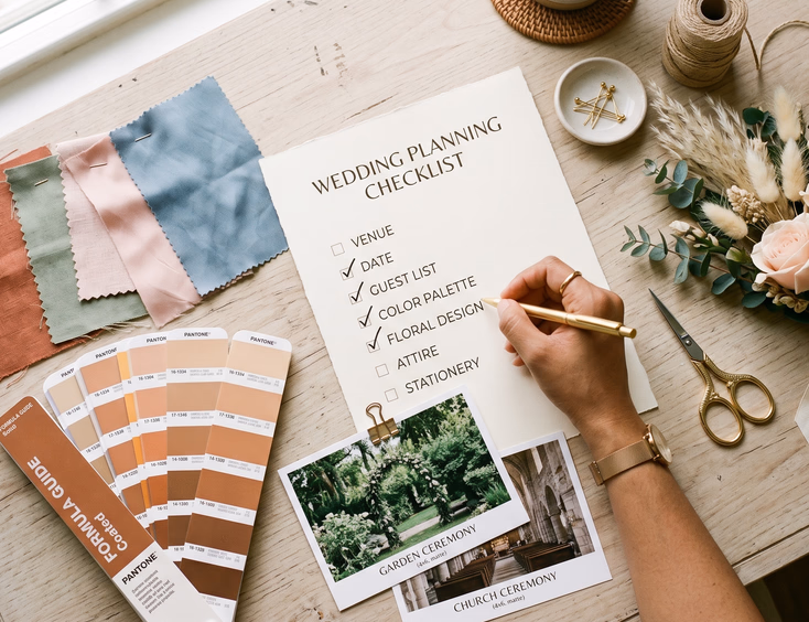 Overhead flat lay of Filipino wedding color palette planning materials including fabric swatches, Pantone fan deck, venue photos, dried and fresh florals, and a checklist with a Filipino woman's hand holding a pen