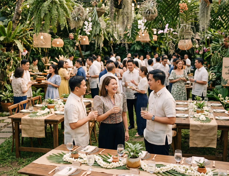 Sustainable Filipino corporate garden party with guests in smart casual attire mingling among potted plants in an outdoor garden venue.