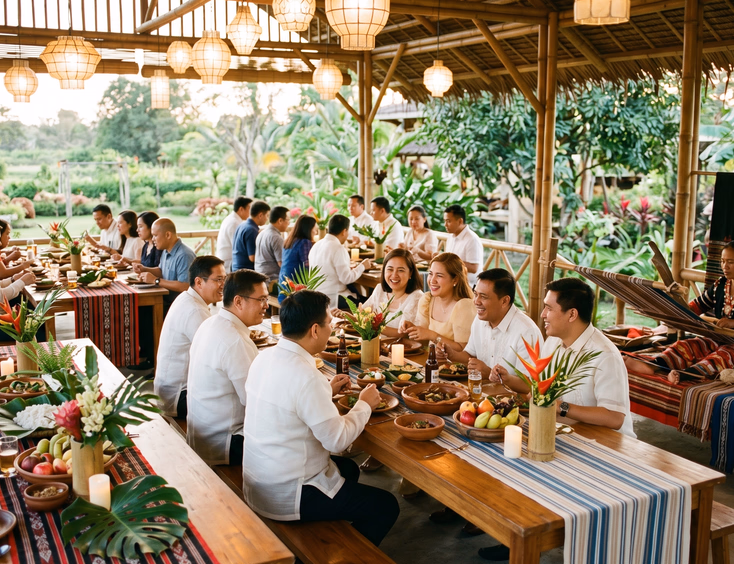 Locally-sourced Filipino corporate event featuring wooden tables with T'nalak runners, capiz lamps, and guests in smart casual attire.