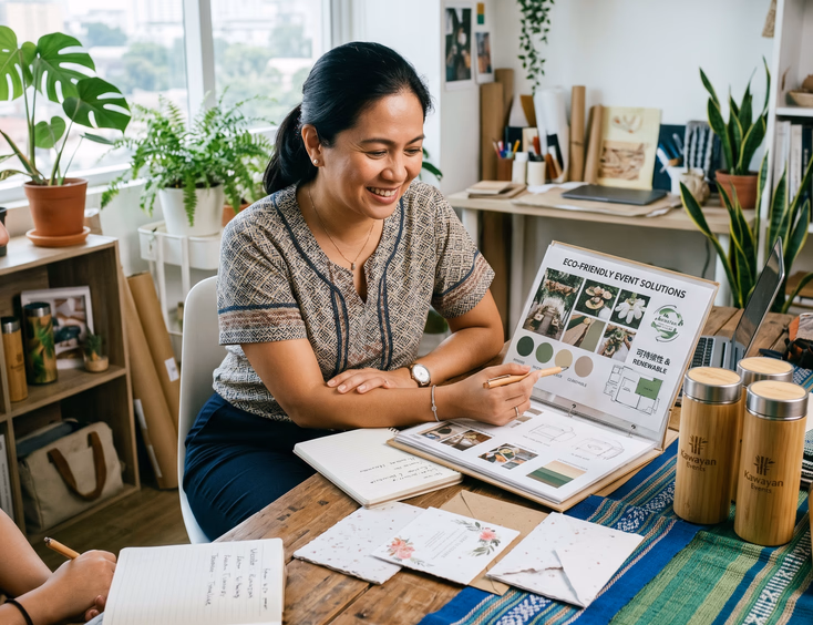 Filipino corporate sustainability officer and planner review eco-friendly event mood boards and bamboo samples in a Manila studio.