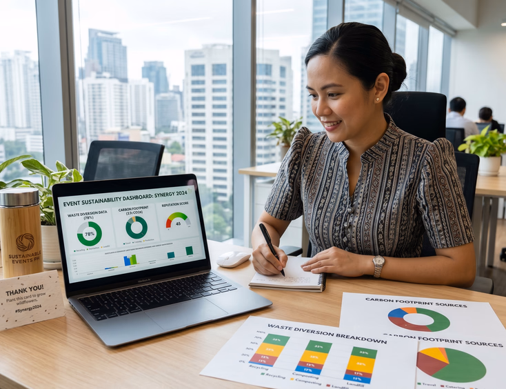 Filipino ESG analyst and event planner review post-event sustainability metrics and waste diversion charts in a Makati office.
