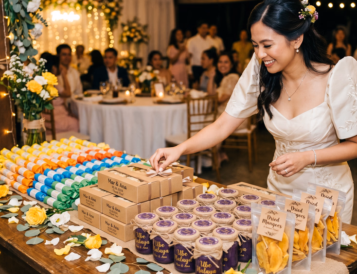 Filipino bride in a modern terno adjusting a ribbon on a box of edible wedding giveaways on a rustic wooden table filled with pastillas in Japanese paper, polvoron kraft boxes, ube halaya jars, and dried mango bags under warm fairy light bokeh