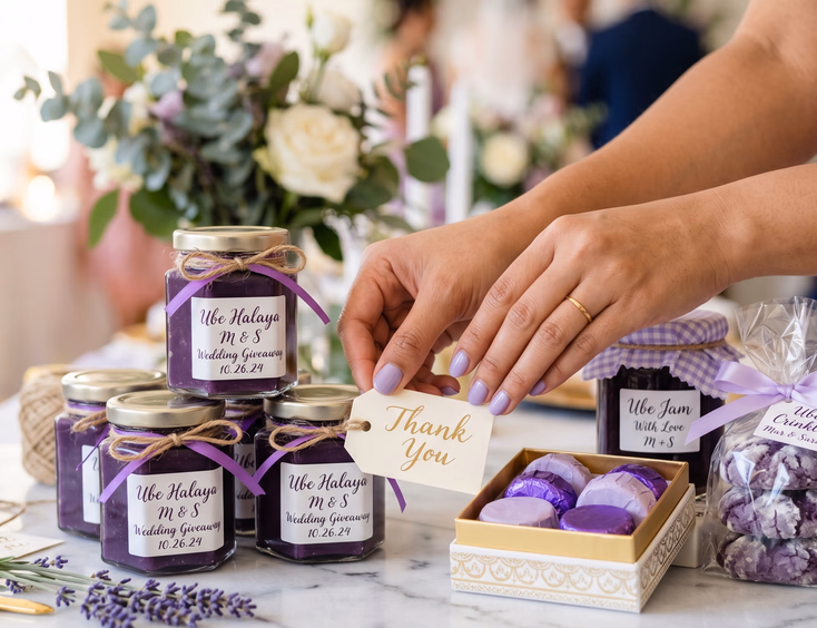 Close-up of assorted ube Filipino wedding giveaways on a white marble surface including ube halaya mini jars, lavender foil ube polvoron, ube crinkle cookies in cellophane, and ube jam in a mason jar with a Filipino bride's hand placing a thank-you tag