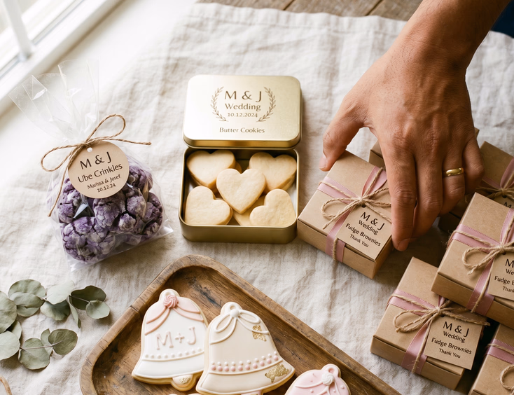 Overhead flat lay of Filipino wedding baked good giveaways on cream linen including personalized butter cookie tins, ube crinkles, kraft brownie boxes, and wedding bell sugar cookies on a wooden tray with a groom's hand picking up one of the boxes