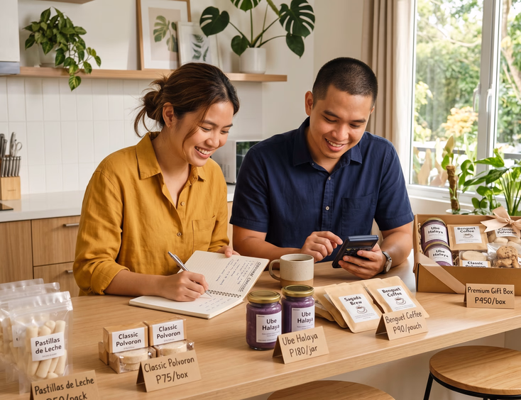 Young Filipino couple at a kitchen counter reviewing edible wedding giveaway samples sorted by price tier with pastillas and polvoron on the left, ube halaya jars and coffee drip bags in the center, and a combination gift box on the right while the woman writes notes and the man holds a calculator