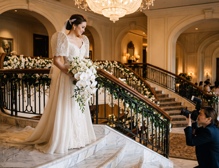 Filipino bride in a butterfly sleeve couture gown standing at the top of a grand marble staircase in a luxury Manila hotel holding a cascading white bouquet with a photographer at the bottom