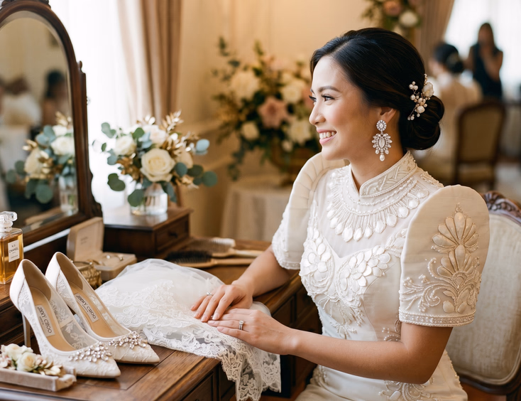 Close-up of a Filipino bride at a vanity during wedding preparation wearing crystal earrings and a Filipiniana gown with capiz shell embroidery beside designer bridal shoes and a cathedral veil