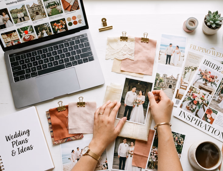 Top-down view of a Filipino bride arranging wedding reference photos fabric swatches and magazine clippings on a white desk beside a laptop showing a Pinterest board