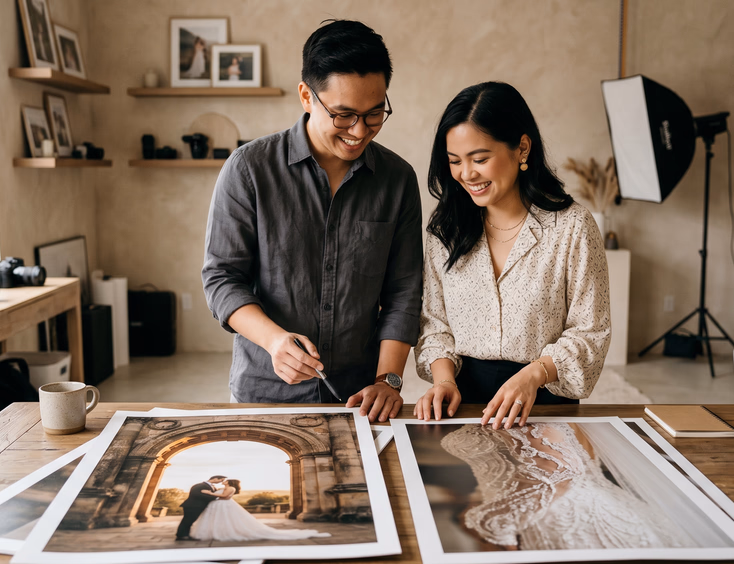 Filipino couple reviewing large printed editorial wedding portraits spread across a table in a modern photographer's studio