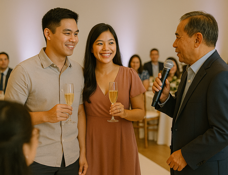 Emcee passes the mic for a welcome toast as the couple smiles beside the stage