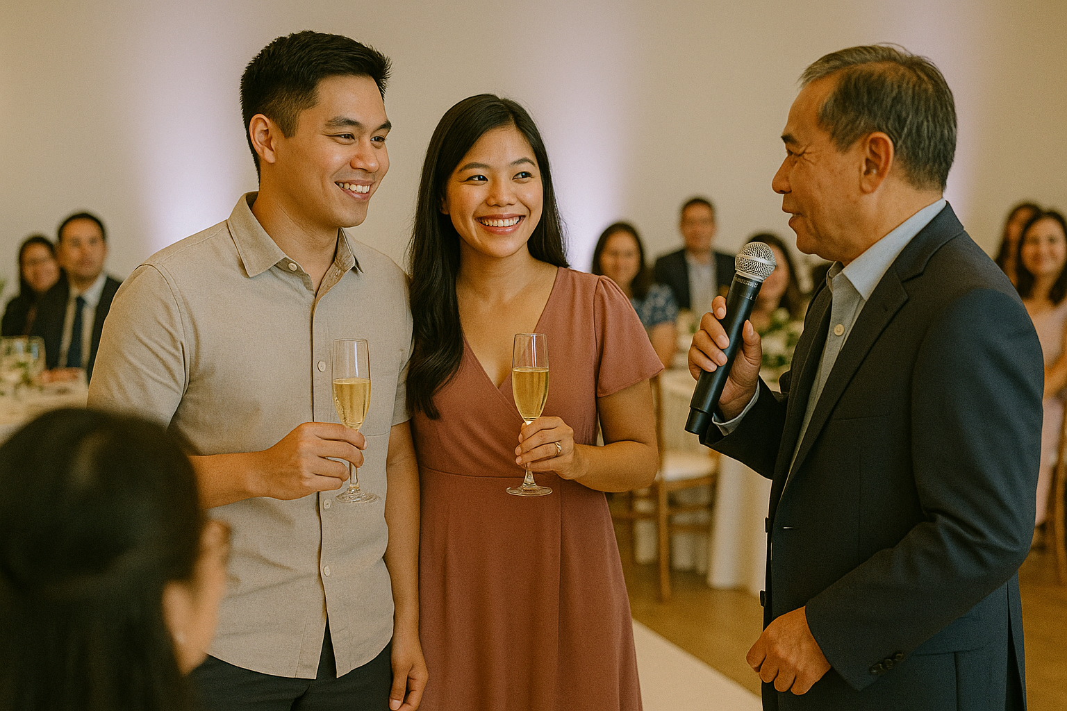Emcee passes the mic for a welcome toast as the couple smiles beside the stage