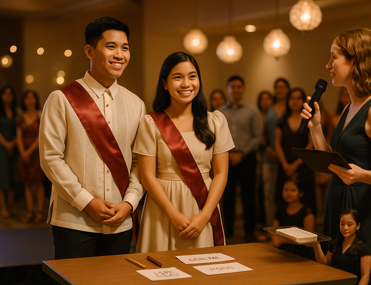 Couple prepares for the Money Dance while the host explains and guests line up
