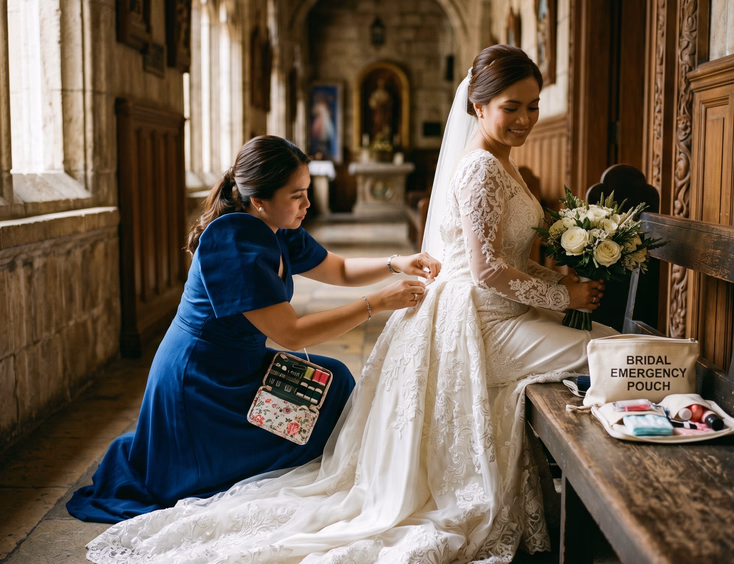 Filipino maid of honor kneeling behind a seated Filipino bride in a white wedding gown adjusting a bustle hook near the waistline with a small sewing kit while a bridal emergency pouch sits open on a wooden bench in a warmly lit church corridor