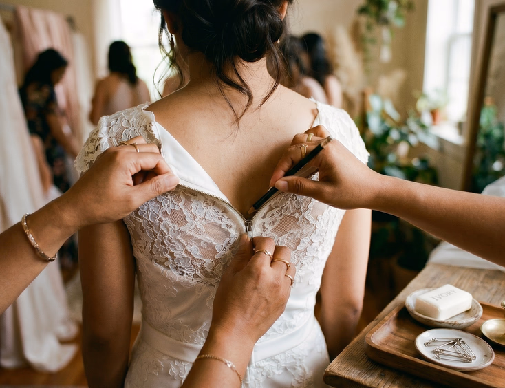 Close-up of Filipino hands rubbing a graphite pencil along a wedding gown zipper while a second pair of hands holds the fabric taut beside a small tray with a bar of soap, safety pin, and wax candle on a wooden surface
