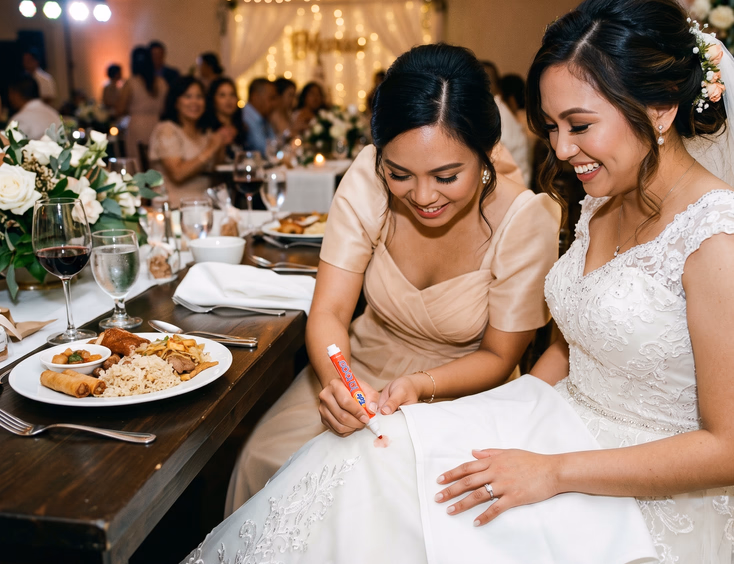 Filipino bridesmaid pressing a stain removal pen against a small spot on a Filipino bride's white gown skirt at a reception table with a white napkin on the bride's lap, Filipino food, and a glass of red wine under warm string lights