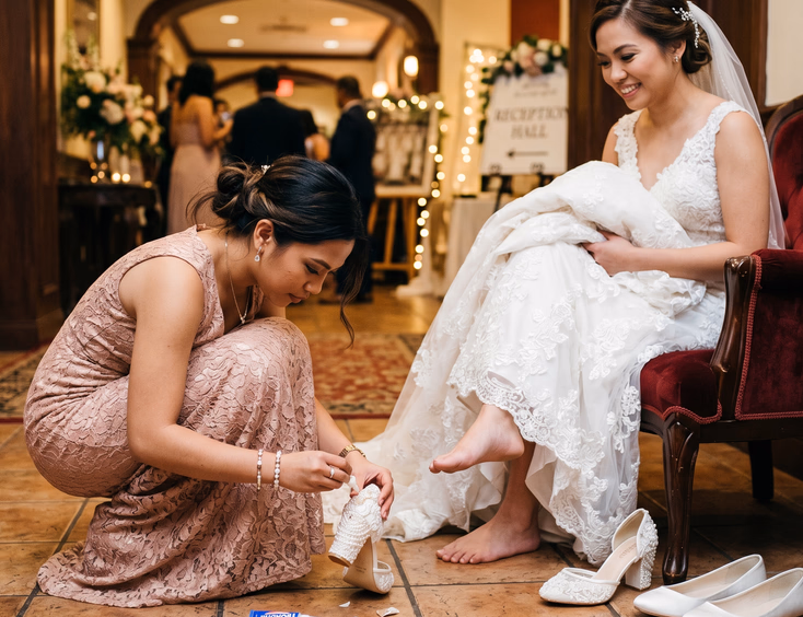 Filipino bridesmaid crouching on a tiled floor applying super glue to a broken bridal shoe heel as the Filipino bride sits with one shoe off and a pair of white backup flats resting on the floor beside her in a reception venue hallway