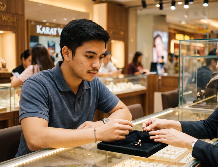A young Filipino man thoughtfully examines engagement rings presented by a jeweler at a brightly lit store counter in the Philippines.
