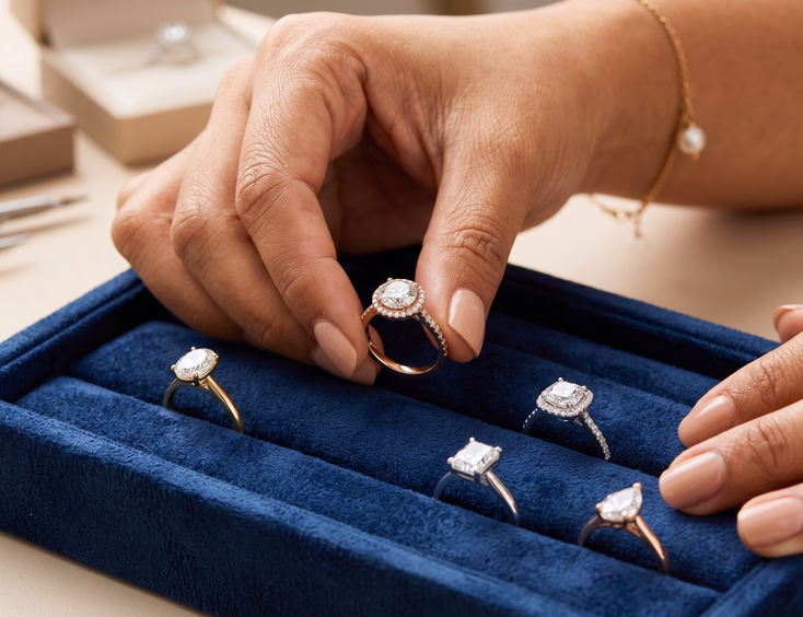 Close-up photo of Filipino hands displaying various diamond engagement rings in yellow, white, and rose gold settings on a velvet tray.