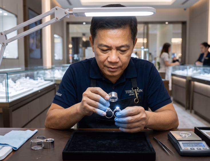 A skilled Filipino jeweler carefully compares two diamond rings side-by-side using a loupe under a bright lamp in a modern shop.