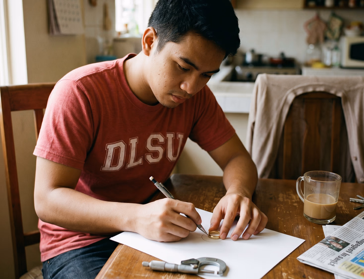A resourceful Filipino man secretly traces the inside of his girlfriend's ring on paper to determine her correct ring size at home.
