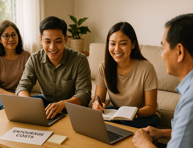 Young Filipino couple outlining entourage costs on a laptop with a planner while moms and ninangs review a one page guide at a dining table