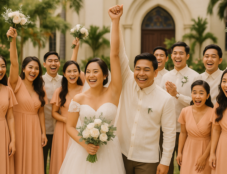 Filipino wedding entourage posing with the bride and groom in traditional attire at a joyful ceremony.