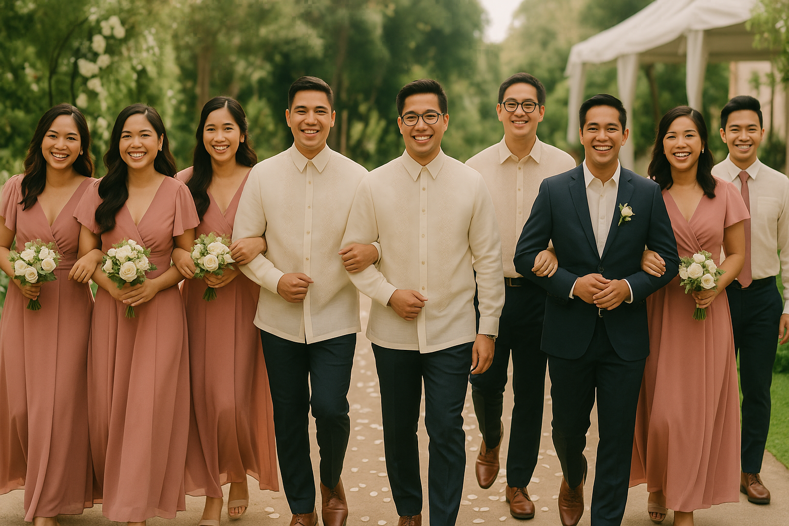 Bridesmaids and groomsmen walking together down the aisle at a traditional Filipino wedding.