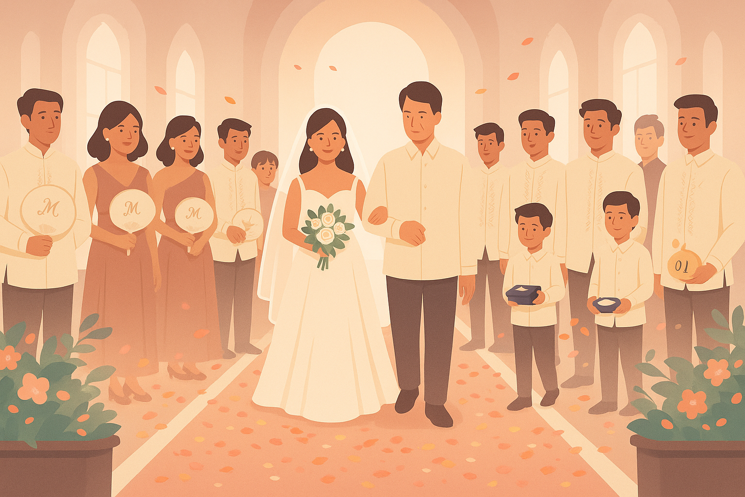 Filipino wedding entourage in procession, with sponsors, attendants, and the bride walking down the aisle.