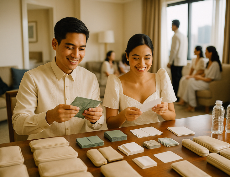 Young Filipino couple organizing labeled pouches and envelopes for sponsors and attendants in a calm prep room