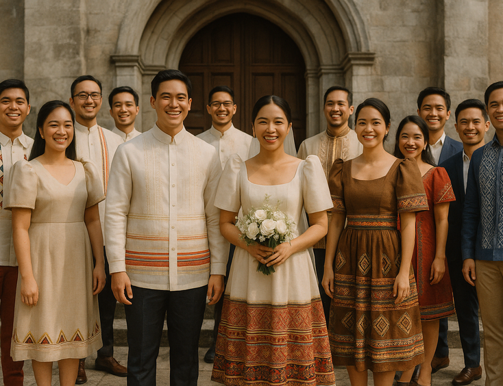 Young Filipino couple with entourage wearing a mix of Luzon Visayas and Mindanao textiles on church steps