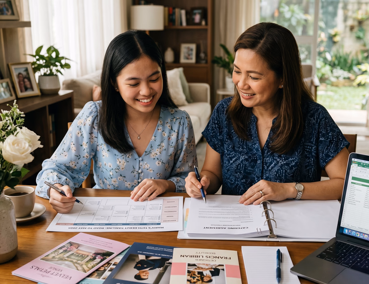 Filipina debutante and her mother review supplier contracts and a planning timeline at a table with brochures, a laptop, and roses in natural light.