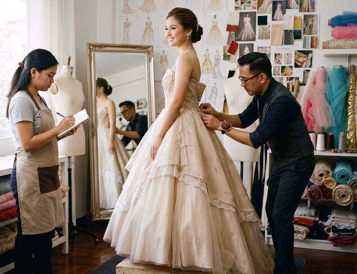 A Filipina debutante has a champagne ball gown fitted by a Filipino designer in a studio with fabric bolts, sketches, and a large mirror.