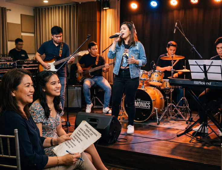 A Filipino live band rehearses on stage with warm lighting while a Filipina debutante and her mother watch from the front row holding a song list.