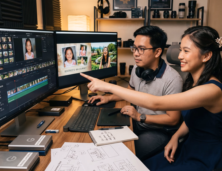 A Filipino video editor and a Filipina debutante review childhood photos and pre-debut video clips on dual monitors in a creative editing suite.