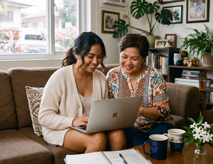 Filipino bride-to-be and her mother using a laptop to browse Facebook for wedding planning in a Quezon City living room.