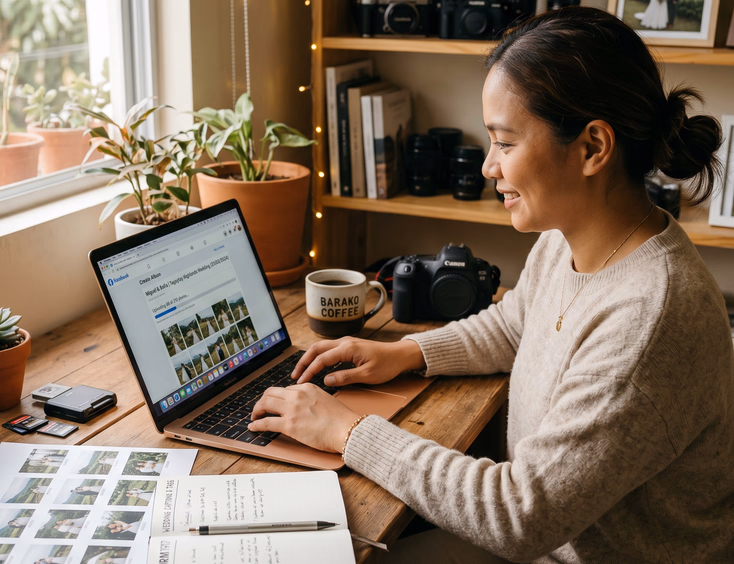 Filipino wedding photographer uploading a real wedding album to Facebook on her laptop in a Marikina home studio.
