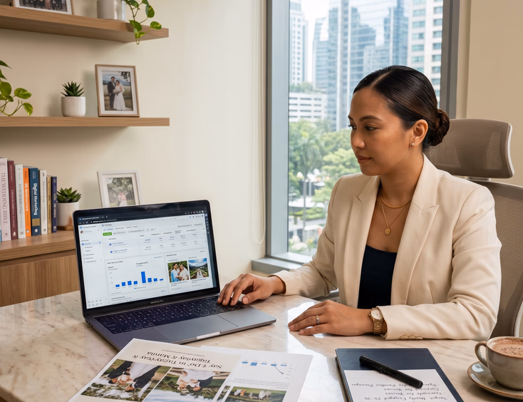 Filipino wedding coordinator reviewing Facebook Ads Manager campaigns on a laptop in her Makati office.