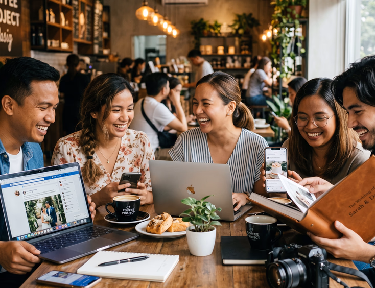 Group of Filipino wedding suppliers connecting on Facebook during a meetup at a Pasig café.