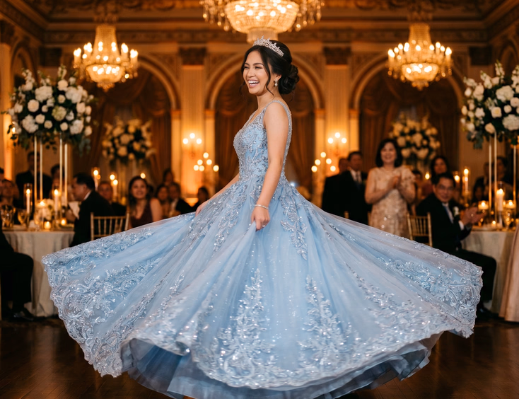 A Filipino debutante in a powder blue ballgown and tiara mid-twirl in a candlelit ballroom with chandeliers and floral arrangements.