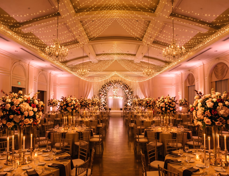 Luxurious Filipino debut ballroom with fairy lights, amber pinspotting on floral centerpieces, blush uplighting, and taper candles, empty of people.