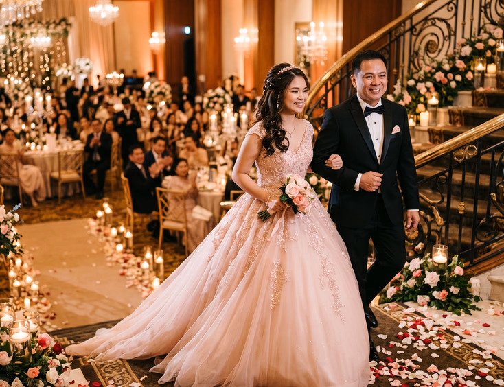 Filipino debutante in a blush pink ballgown descending a grand hotel ballroom staircase with her father in a tuxedo, amidst rose petals and candles.