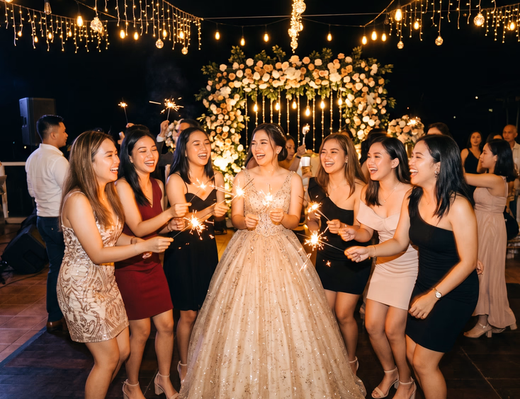 Filipino debutante in a champagne gown on a dance floor with friends holding sparklers at night, with string lights and a floral arch in the background.