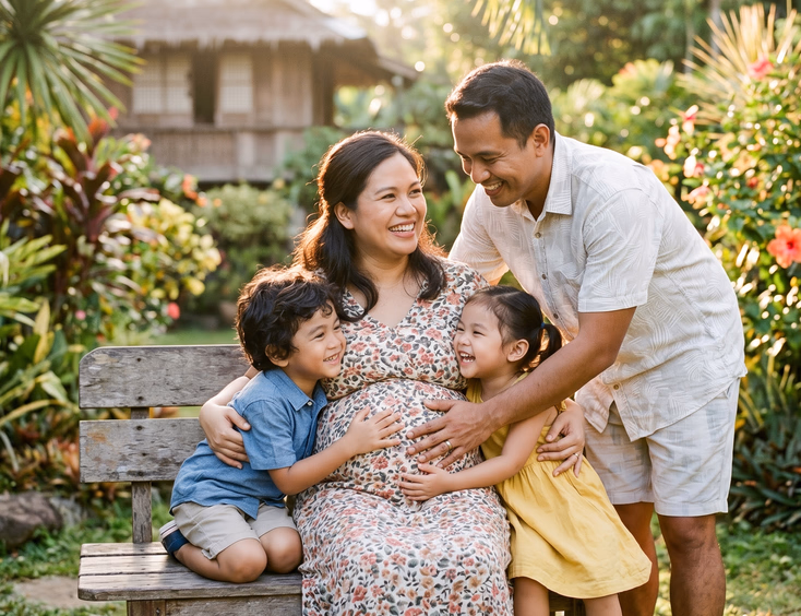 A joyful Filipino family gathered close around the mother's pregnant bump, with two young children and her partner, smiling in soft, warm natural sunlight.