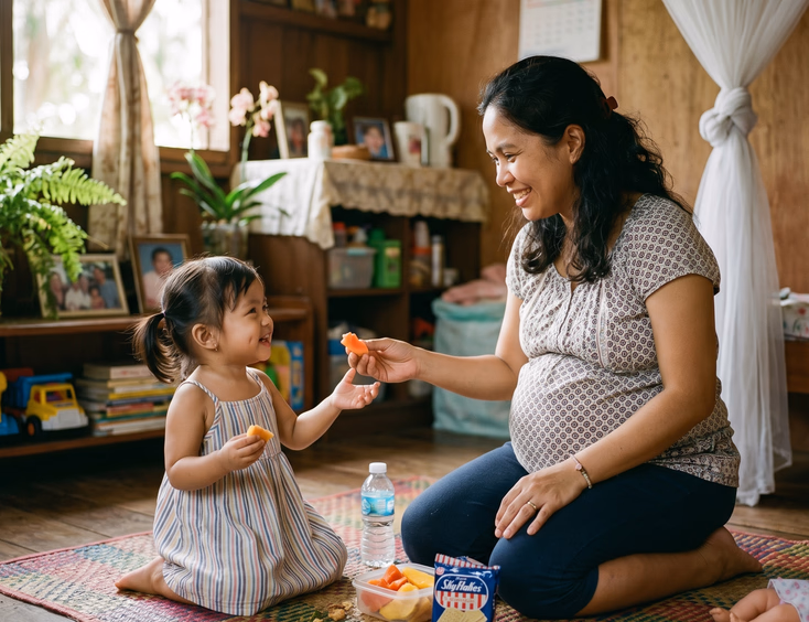 A candid moment shows a pregnant Filipino mother kneeling to share a snack with her toddler during a break, under soft, warm light at home.
